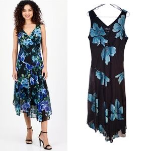 Y2K Dressbarn Black Teal Floral Fairy Sleeveless Handkerchief Dress SZ 12